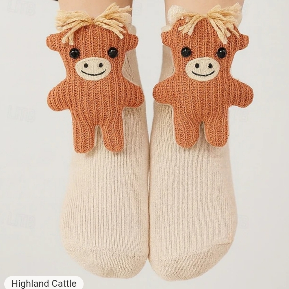 Adorable 3D Knit Highland Cow Socks One Size‎ Womens Or Older Kids V26